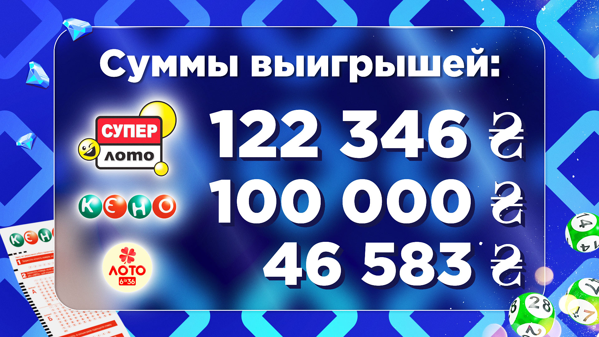 Большие выигрыши в Супер Лото, КЕНО и Лото 6 из 36: 122 346, 100 000 и 46  583 за отгаданные «пятерки» и «восьмерки» | Украинская национальная лотерея